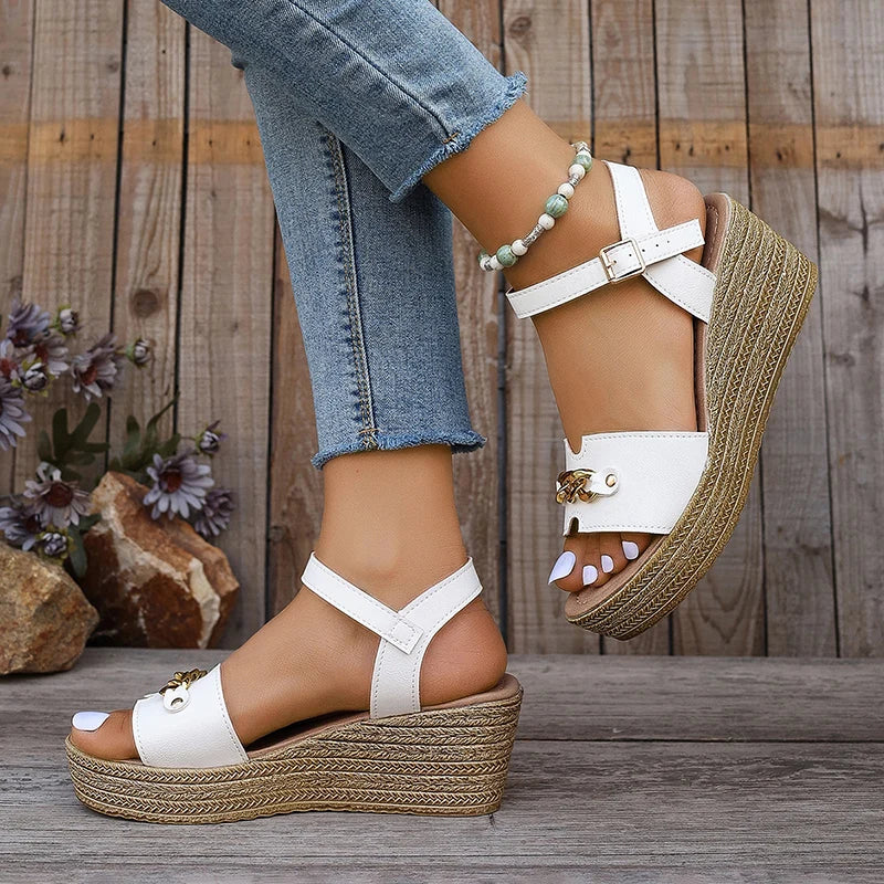 Golded Chain Decor Wedge Heels Sandals Women Ankle Buckle Strap Chunky Platform Sandals Woman Thick Bottom Comfort Summer Shoes