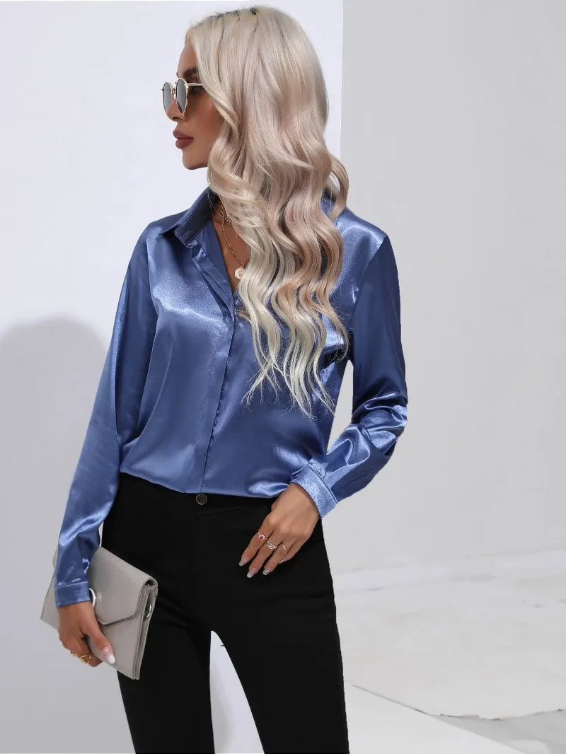 Women's Shirt with Single Breasted Long Sleeve Shirts Spring Summer Silk Shirt Office Lady Satin Turn-down Collar Casual Blouses