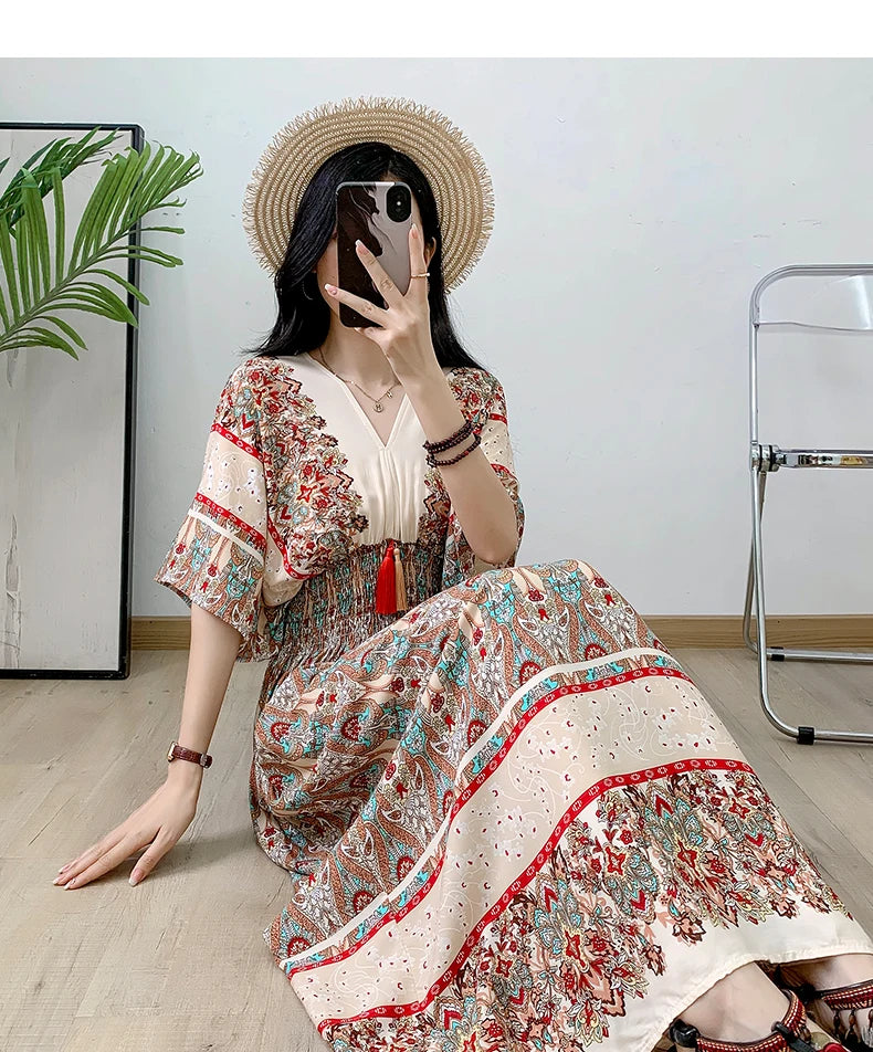 Print Floral Short Sleeve Maxi Dress Women Dresses Summer Spring V-neck Fashion Female Vintage Poplin Bohemian Beach Dresses