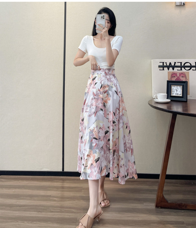 2022 Summer High Waist Women Skirts Casual Floral Printed Chiffon Woman Midi Skirts Bohemian Beach Holiday Long A-line Skirts