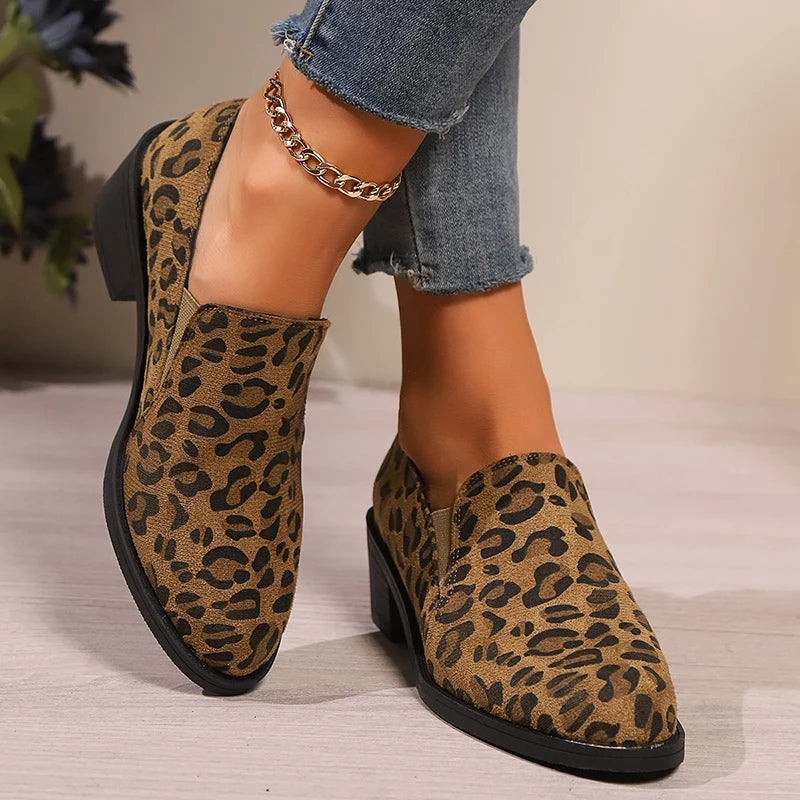 Sexy Leopard High Heels Loafers Woman 2024 Autumn Pointed Toe Thick Heeled Pumps Woman Plus Size 43 Slip On Casual Shoes Mujer