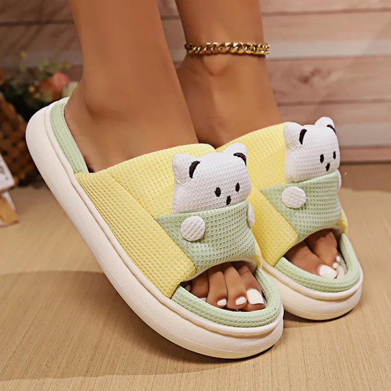 Cute Cartoon Bear Home Slippers Women 2024 Winter Comfort Soft Sole Linen Slippers Woman Non Slip Flat Heels House Shoes Slides