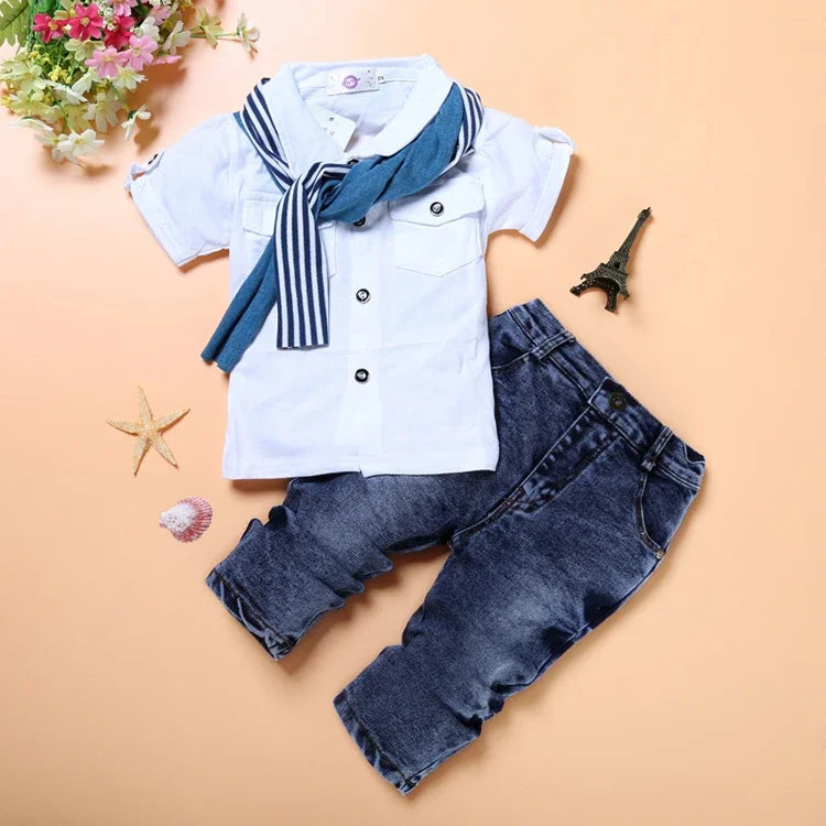 Fashion Kids Clothes Boys Outfit Set Cotton Cotton Short Sleeve O-Neck Tops+Jeans+Scarf Summer Children Boys Clothing 2-7 Years