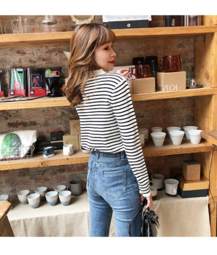 Autumn Winter Women Mock neck Sweaters Pullover Tops Fashion Female Skinny Elastic Long Sleeve Casual Striped Knitted Shirts