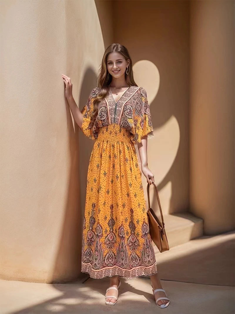 Short Sleeve Maxi Dress Women Dresses Summer Spring Fashion Female Vestido Vintage V-neck Print Floral Poplin Boho Beach Dresses