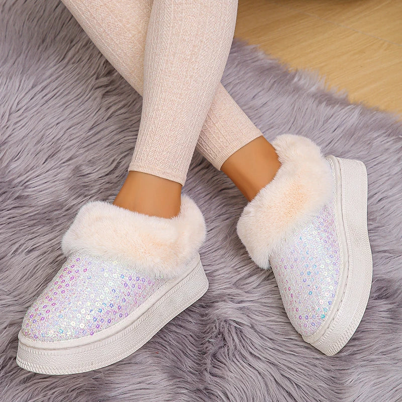 Shiny Silver Sequin Snow Boots Women 2024 Winter Warm Thicken Plush Platform Ankle Boots Woman Thick Bottom Cotton Padded Shoes