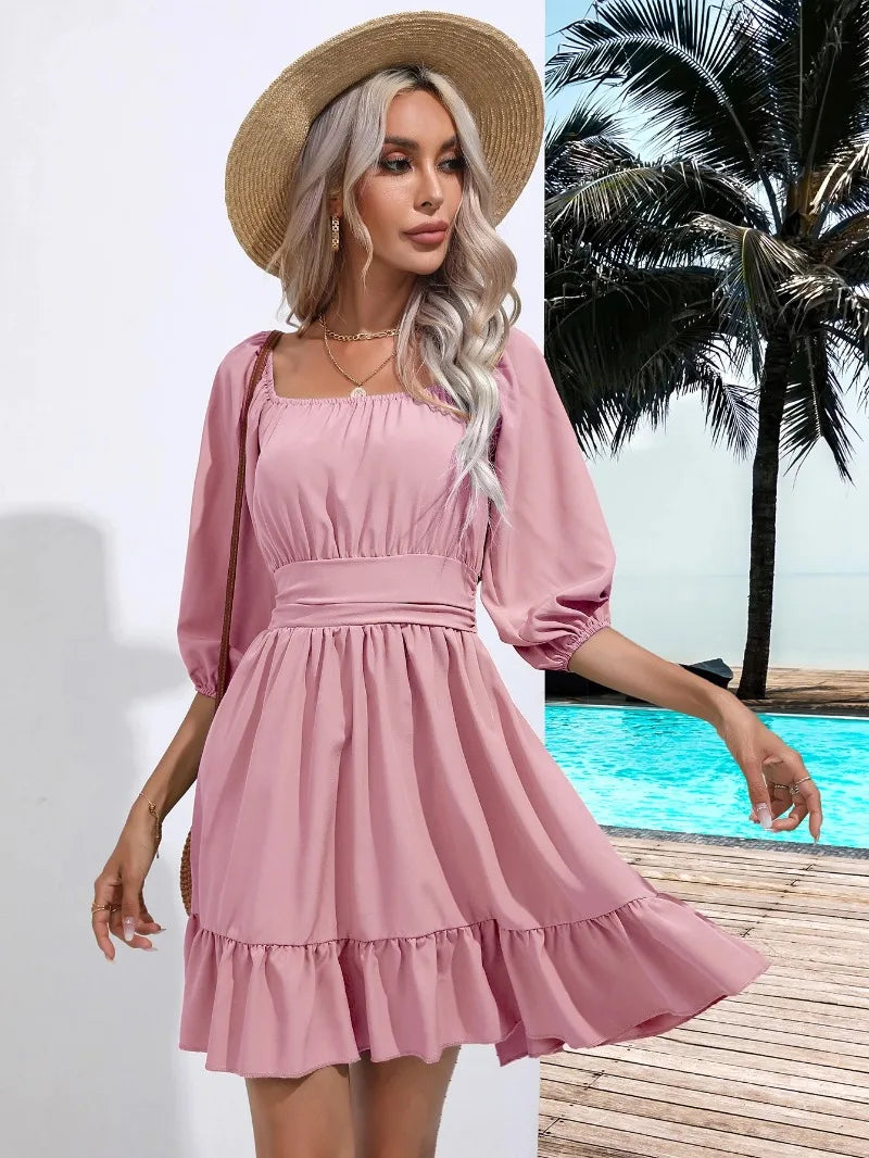 Summer Women Dresses Square Collar Bohemian RUFFLES Elastic Waist Above Knee Mini Dress Short Sleeves Pullover Mujer Vestidos