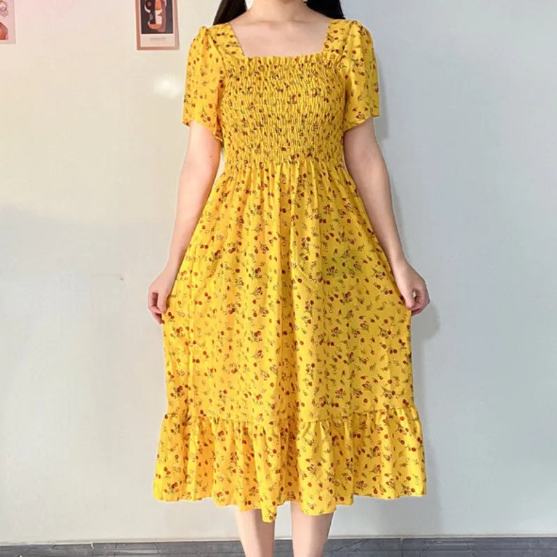 Spring Summer Chiffon Dress Women Casual Dresses Female Elastic Waist Short Sleeve Printed Floral Midi A-Line Dresses Vestidos