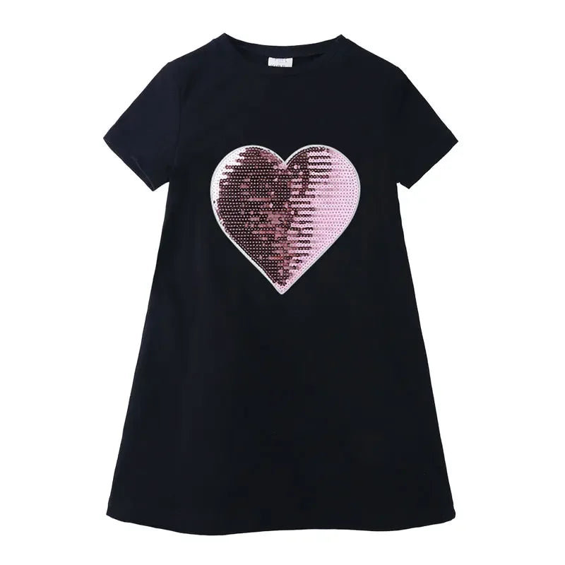 Sequin Love Children Girls Dress Cotton Short Sleeve Kids Dresses For Girls Summer Children Girl Clothing O-Neck Birthday Dress