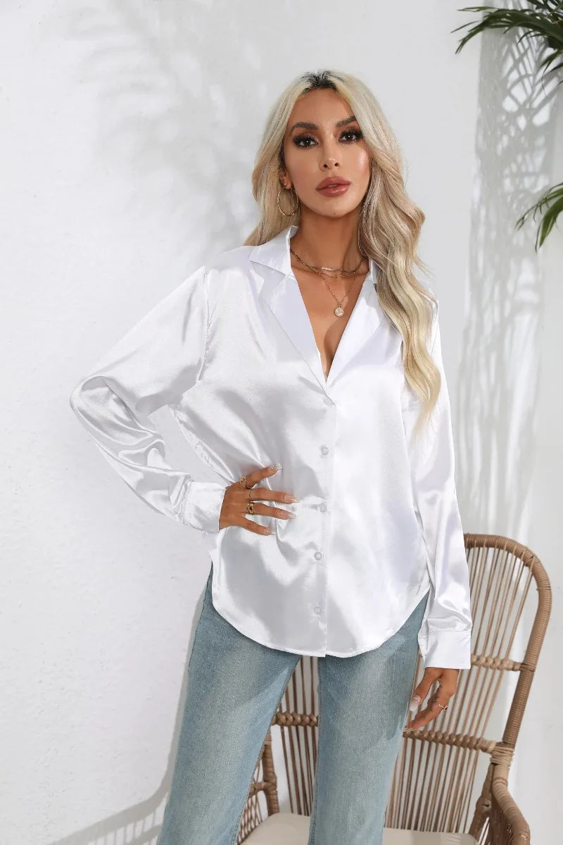 2024 Spring Summer Women Shirts Office Lady Woman Long Sleeve Satin Turn-down Collar Blouse with Single Breasted Female Blouses