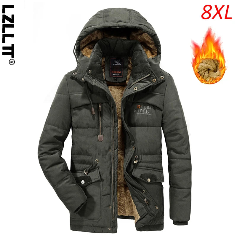 Winter Men Fleece Thick Outdoor Cargo Parkas Men Warm Military Overcoat Jacket Man Detachable Hat Windbreaker Parka Big Size 8XL