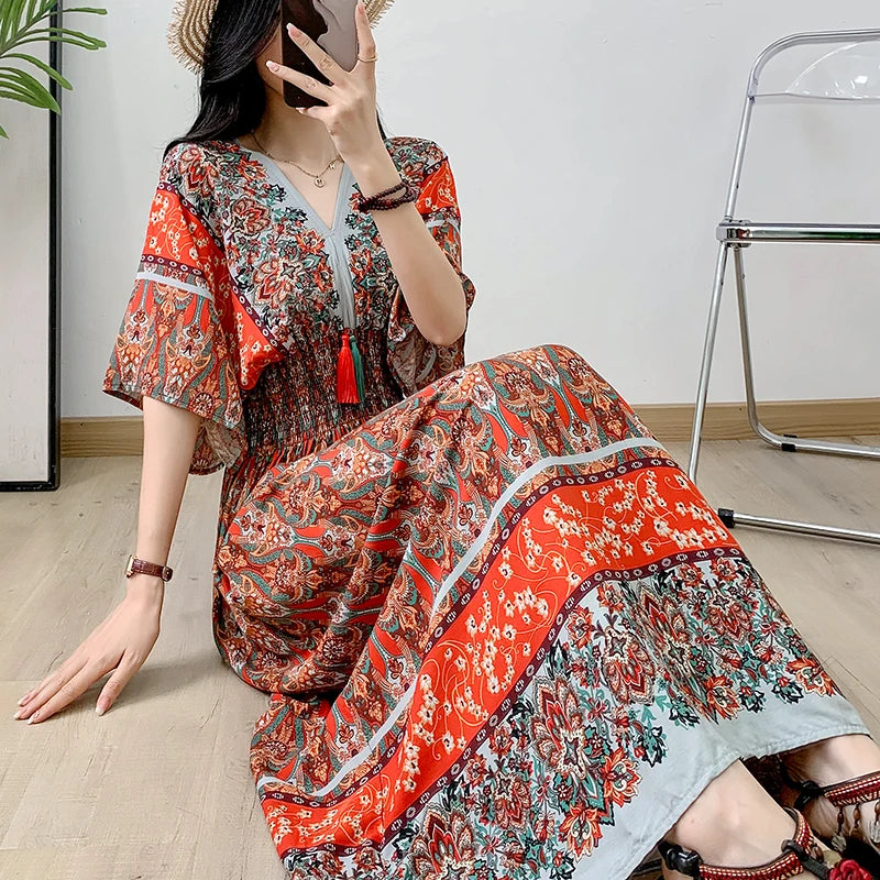 Print Floral Short Sleeve Maxi Dress Women Dresses Summer Spring V-neck Fashion Female Vintage Poplin Bohemian Beach Dresses