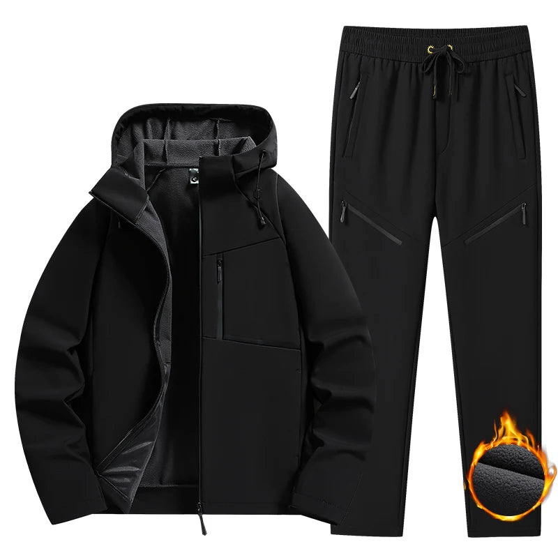 Winter Men Outdoor Fleece Sport Suits Tracksuit Men Sportswear Thick Hike Sets Male Joggers Hooded Suit 2 Pieces Jacket Pant 6XL