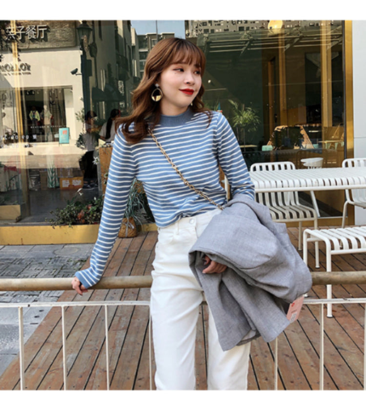 Autumn Winter Women Mock neck Sweaters Pullover Tops Fashion Female Skinny Elastic Long Sleeve Casual Striped Knitted Shirts