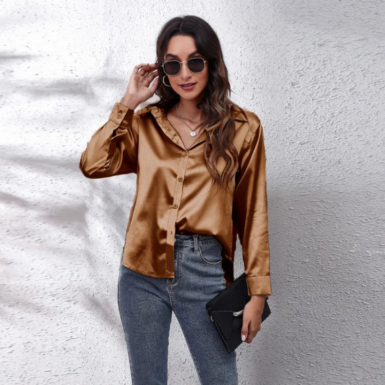 Spring Summer Long Sleeve Women's Silk Shirt Office Ladies Stain Blouses Solid Turn-down Collar Single Breasted Woman Shirts