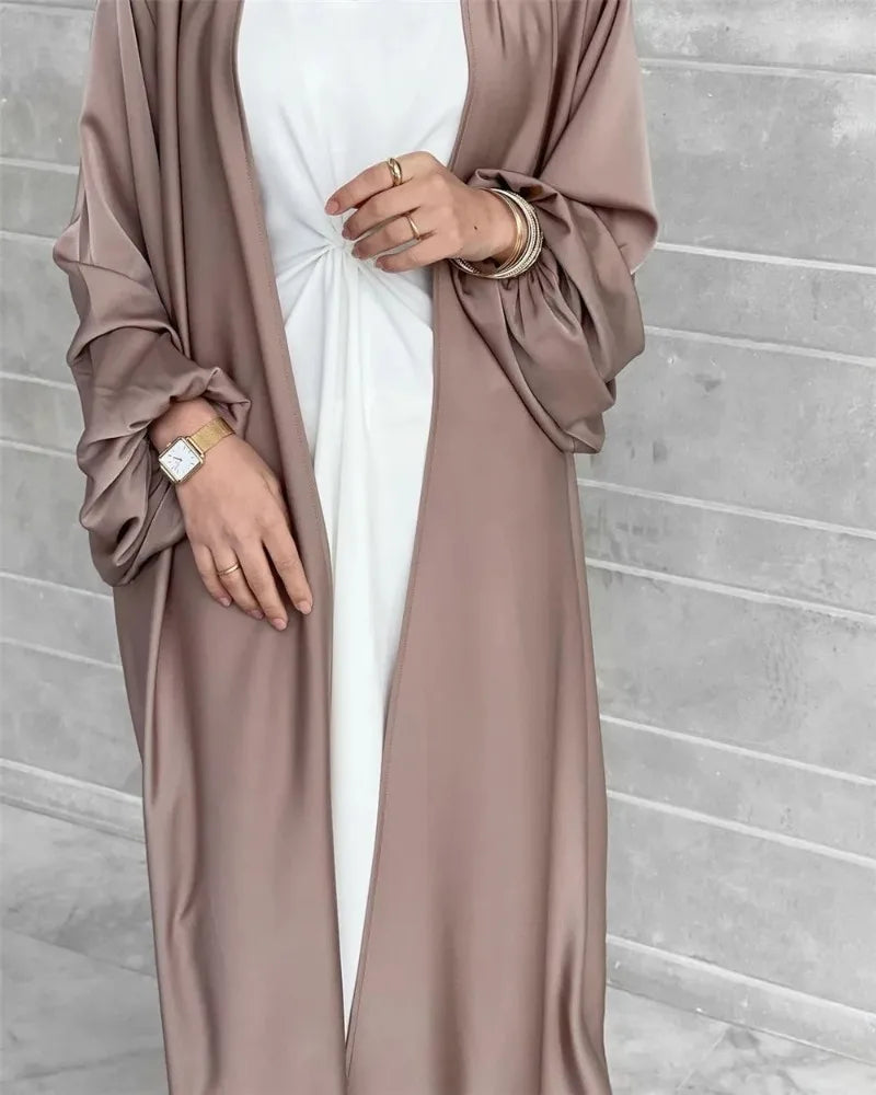 Women Abayas Muslim Kaftan Puff Sleeves Lace-up Maxi Length Ramadan Dresses Jilbabs Open Front  Abayas Outwear Cardigan Coats