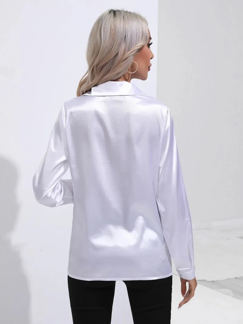 Women's Shirt with Single Breasted Long Sleeve Shirts Spring Summer Silk Shirt Office Lady Satin Turn-down Collar Casual Blouses