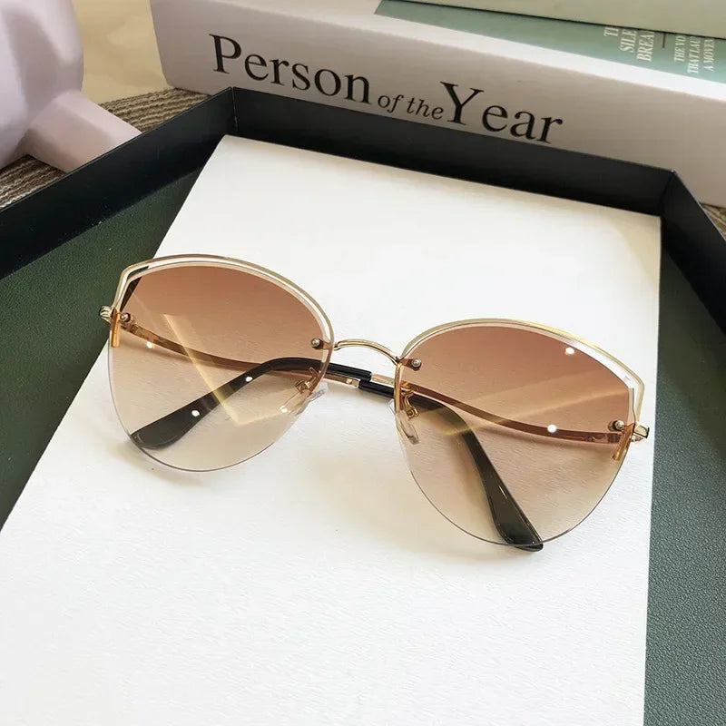 Brand Rimless Sunglasses Women Luxury Cat Eye Sun Glasses Ladies Clear Gradient Sunglass 2024 Diamond Cutting Lenes UV400