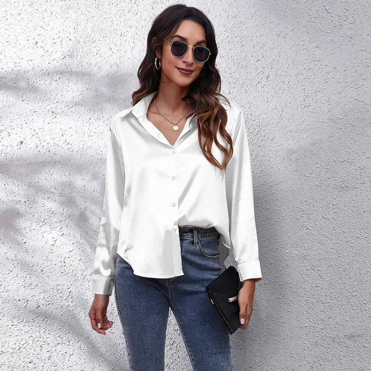 Spring Summer Long Sleeve Women's Silk Shirt Office Ladies Stain Blouses Solid Turn-down Collar Single Breasted Woman Shirts