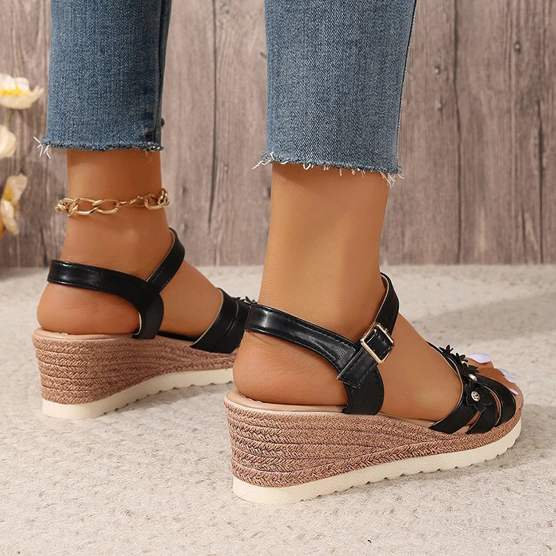 Fashion Flower Decor Women's Wedges Sandals 2024 Summer Ankle Strap Platform Sandles Woman Non Slip Casual Beach Sandalias Mujer