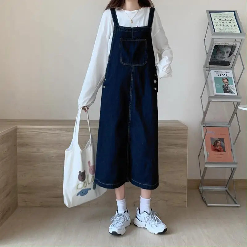 Spring Summer Denim Overall Dress Women Casual Sleeveless Jeans Dresses Fashion Solid Split Loose Spaghetti Strap Dresses Girls