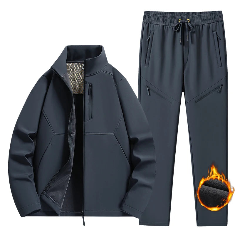 Winter Men Outdoor Fleece Sport Suits Tracksuit Men Sportswear Thick Hike Sets Male Joggers Hooded Suit 2 Pieces Jacket Pant 6XL