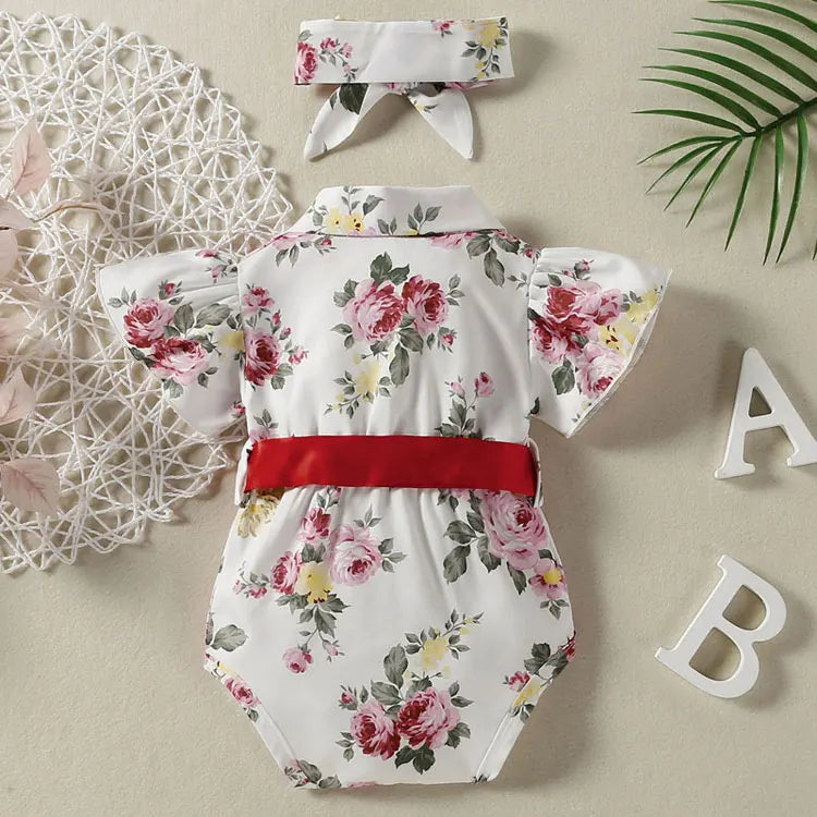 Fashion Floral Newborn Clothes Girl Bodysuits Summer Baby Girl Clothes Short Sleeve Baby Bodysuits+buckle + Head Scarf