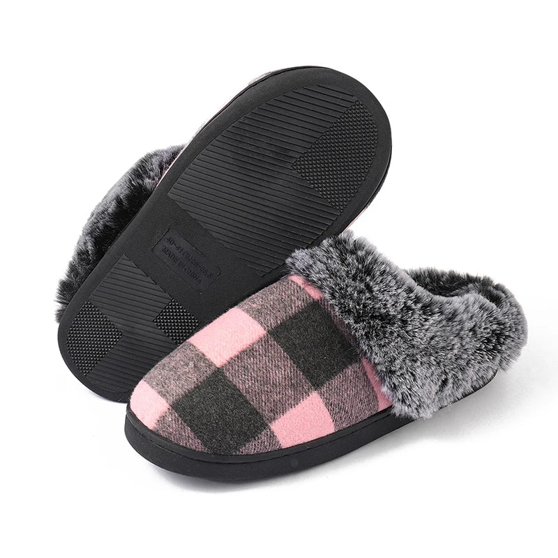 Plaid Thicken Plush Fur Slippers Women 2024 Winter Closed Toe Couple Home Slippers Woman Comfort Soft Sole House Shoes Slides