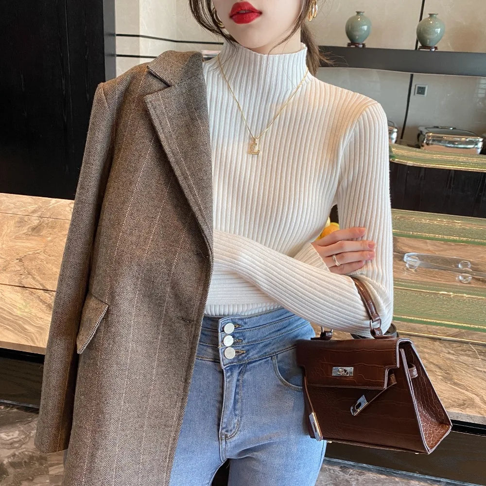 Autumn Winter Knitted Shirt Women Sweater Bottoming Shirts Female Long Sleeve Skinny Elastic Slim Sweaters Knit Pullover Tops