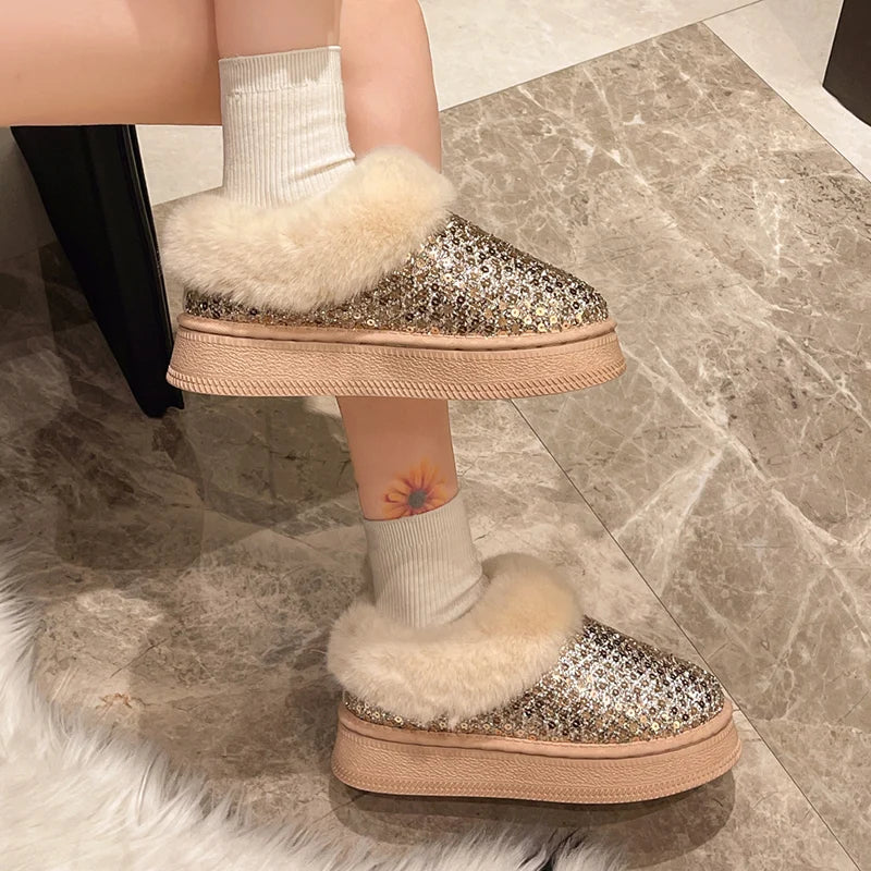 Shiny Sequins Winter Platform Ankle Boots Women 2024 Warm Thicken Plush Snow Boots Woman Non Slip Flat Heels Cotton Padded Shoes