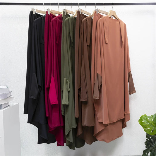 Muslim Sets Two Pieces Prayer Clothing Long Hooded Smocking Sleeve Shirts Loose Maxi Skirts Muslim Jilbab Hijab Women Abaya Sets