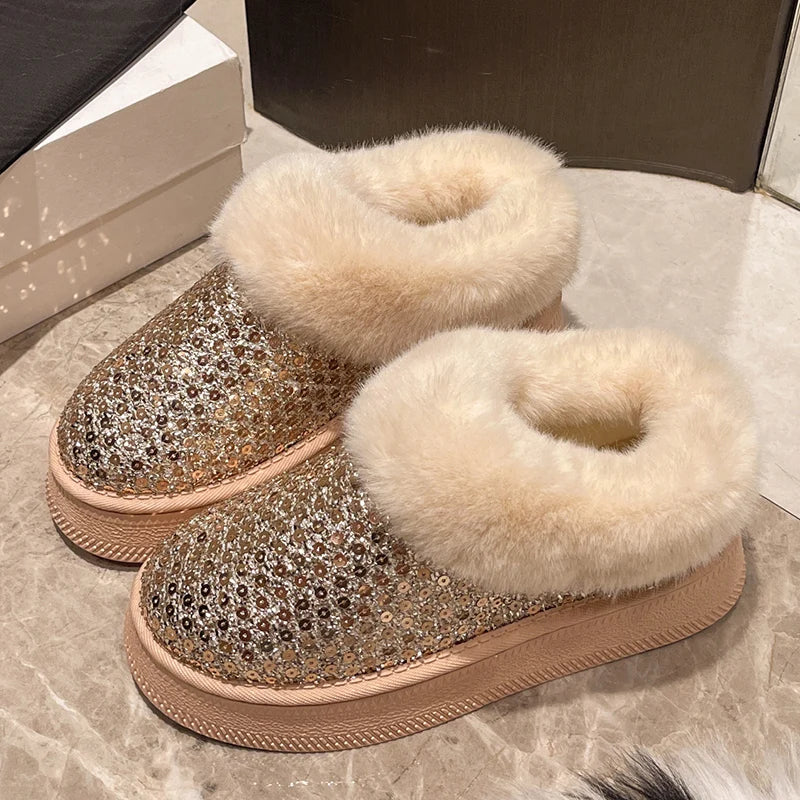 Shiny Sequins Winter Platform Ankle Boots Women 2024 Warm Thicken Plush Snow Boots Woman Non Slip Flat Heels Cotton Padded Shoes