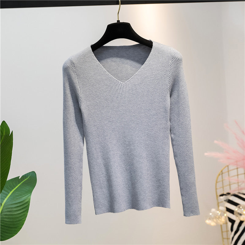 Women Knitted Shirts Fashion Female Autumn Winter Long Sleeve V-neck Skinny Elastic Casual Thin Sweater Pullover Tops Knitwear