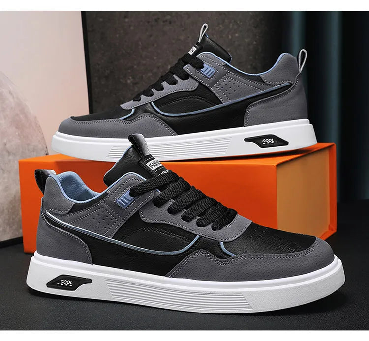 Men's new casual sports shoes leather spring and autumn lace-up white men's shoes vulcanized walking men's shoes