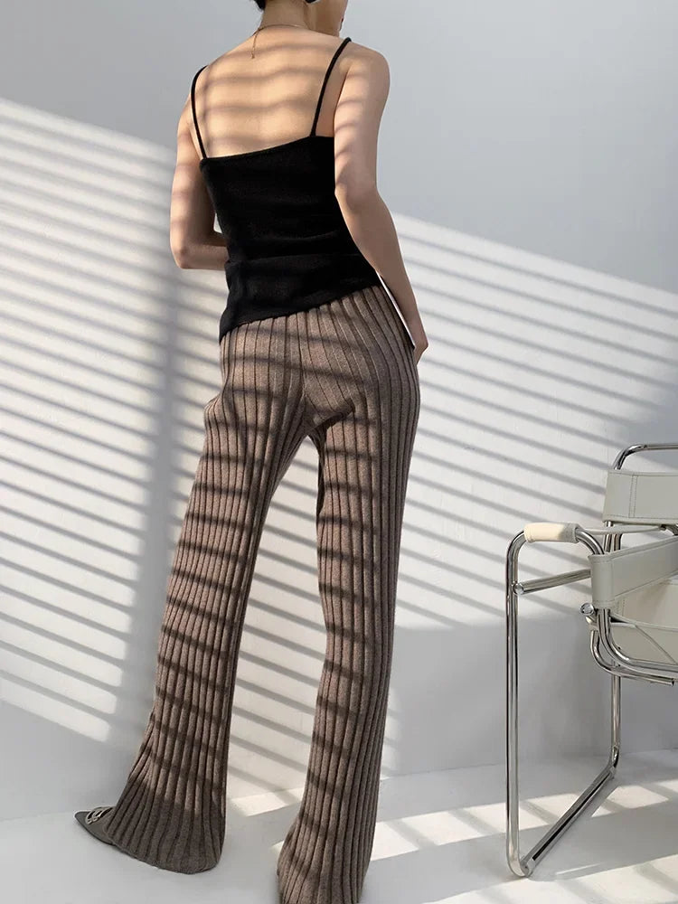 Autumn Winter Casual Thick Knitted Pant Women Long Trousers Elastic High Waist Kniting Wide Leg Pants Striped Pantalon