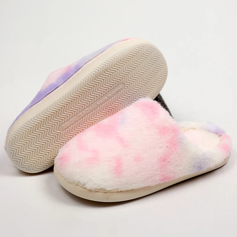 Tie Dye Fluffy Fur Slippers for Women 2024 Winter Closed Toe House Home Slippers Woman Non Slip Flat Heels Indoor Cotton Shoes