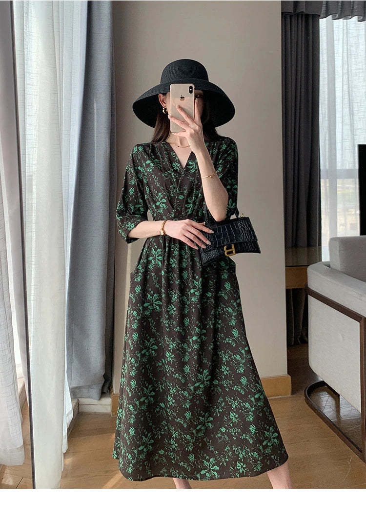 Spring Summer Printed Floral Dress Women Casual Dresses Fashion Female Vestidos Short Sleeve Vintage V-neck A-line Dresses