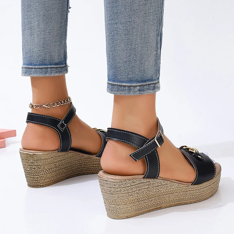 Golded Chain Decor Wedge Heels Sandals Women Ankle Buckle Strap Chunky Platform Sandals Woman Thick Bottom Comfort Summer Shoes