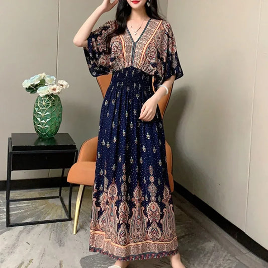 Summer Spring Short Sleeve Maxi Dress Women Dresses V-neck Fashion Female Vintage Print Floral Poplin Bohemian Beach Dresses