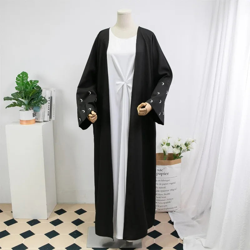 Loose Kaftan Muslim Abayas Women's Islamic Clothing Moon Embroidery Open Front Abaya Long Sleeve Maxi Length Dress Women Jilbabs