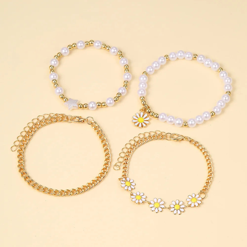 Elegant 4pc Daisy & Imitation Pearl Bracelet Set - Cute Zinc Alloy Jewelry for Stylish Girls, Ideal Gift