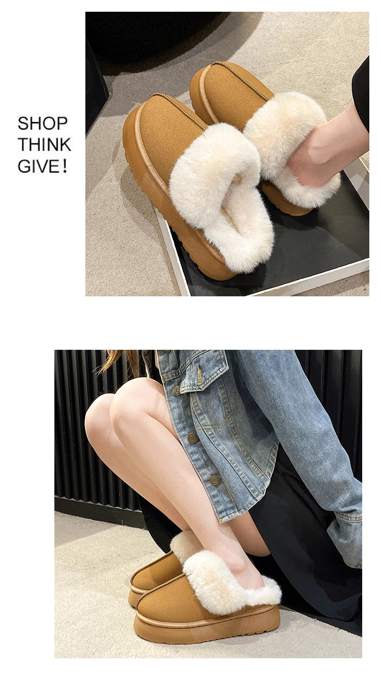 Women's new fur slippers for outdoor wear, 2024 winter short tube snow boots, thick soled warm cotton slippers