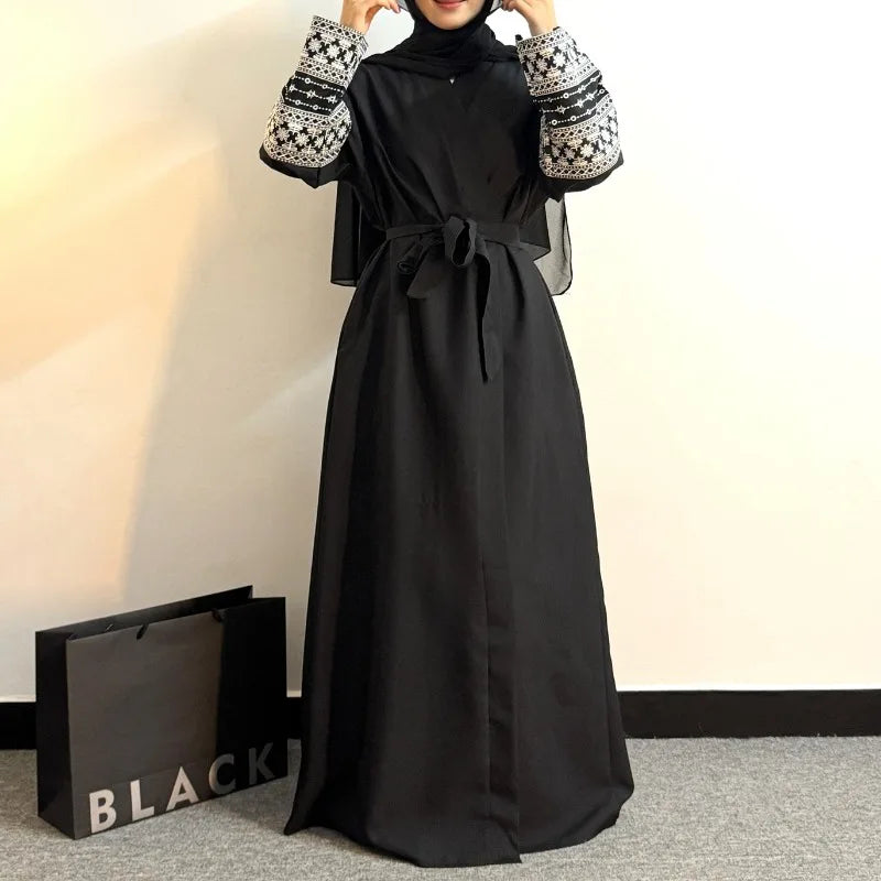 Open Front Abaya Long Sleeve Embroidered  Maxi Length Dress, Muslim Abayas Out Kaftans with Belt Women's Clothing Women Jilbabs