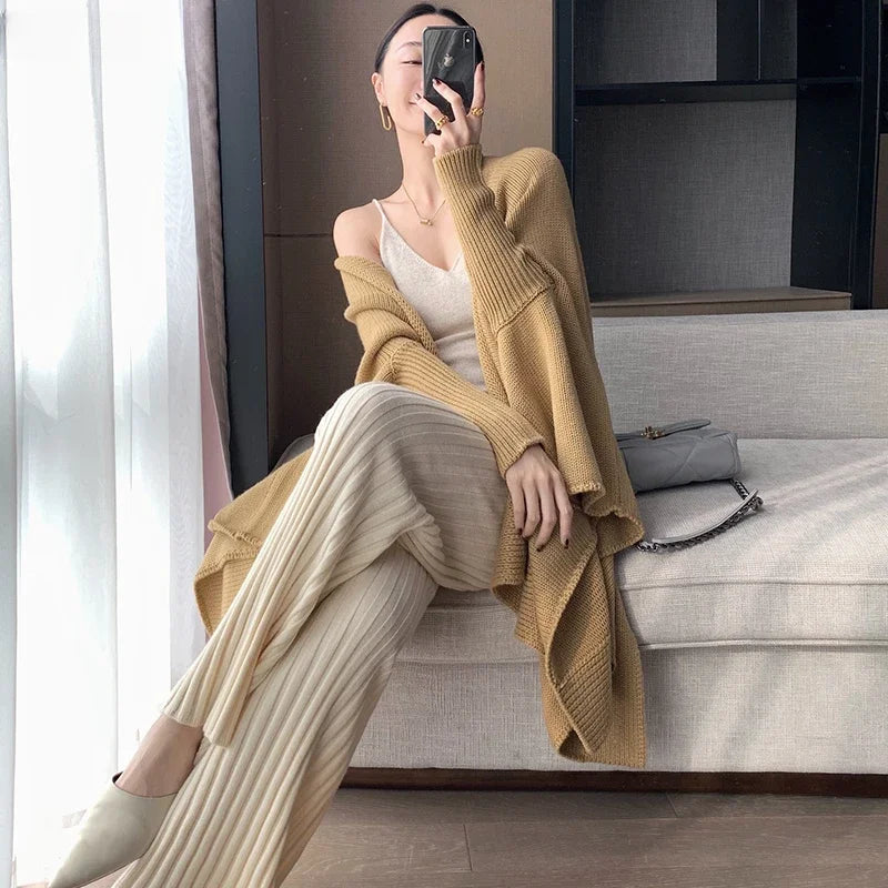 Autumn Winter Casual Thick Knitted Pant Women Long Trousers Elastic High Waist Kniting Wide Leg Pants Striped Pantalon