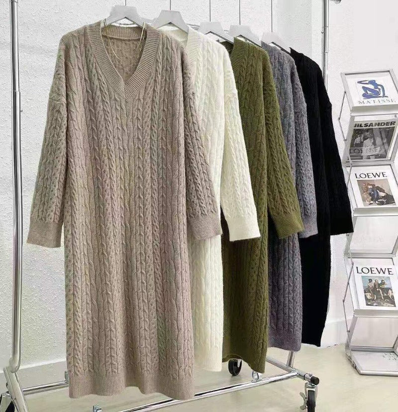 Autumn Winter Sweater Dress Women Kintted Dresses Fashion Female Long Sleeve Elastic V-neck Loose Casual Knitwear Dresses