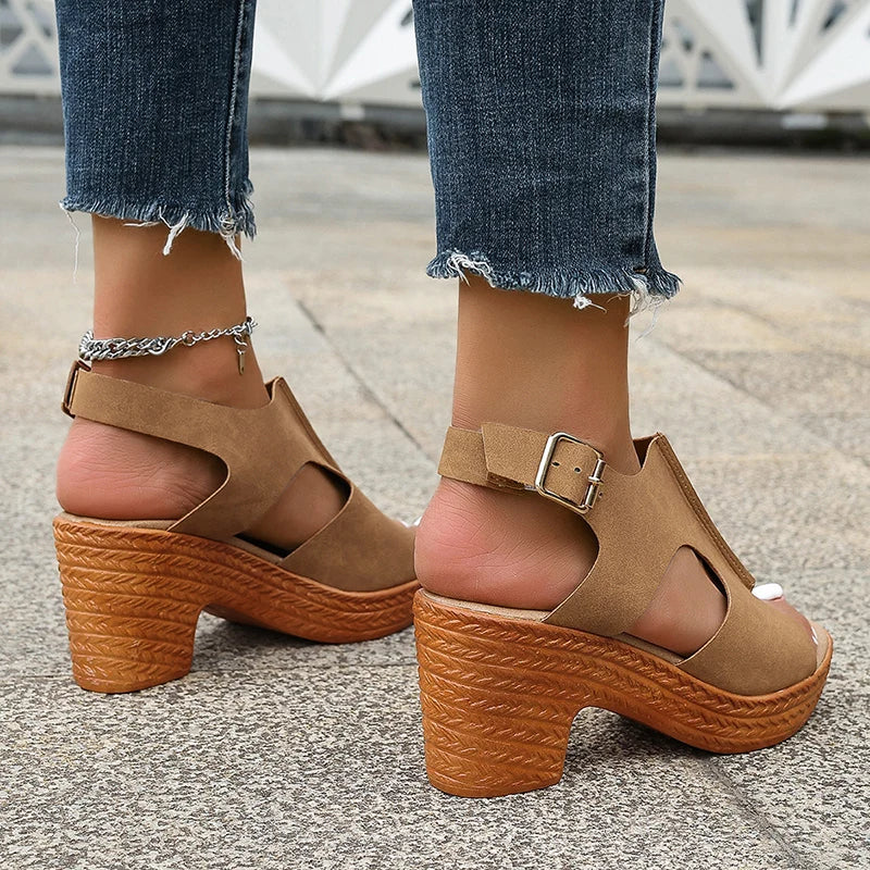 Retro Camel High Heels Sandals Women 2024 Summer Thick Heeled Platform Sandals Woman Lightweight Ankle Straps Beach Shoes Mujer