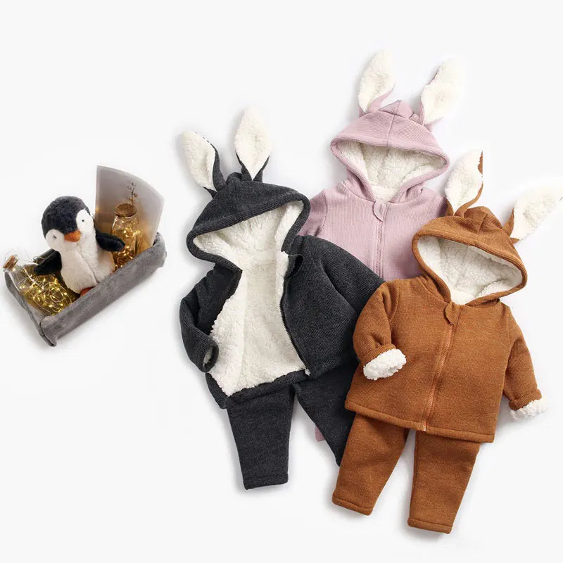 Cartoon Kids Clothes Girls Outfit Set Velvet Long Sleeve Hooded Zipper Coat Pants Winter Warm Children Clothing 1-6 Years