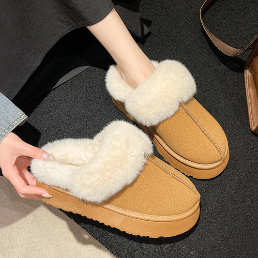 Women's new fur slippers for outdoor wear, 2024 winter short tube snow boots, thick soled warm cotton slippers