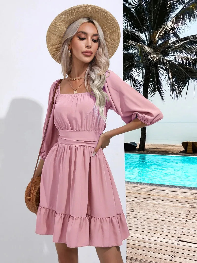 Summer Women Dresses Square Collar Bohemian RUFFLES Elastic Waist Above Knee Mini Dress Short Sleeves Pullover Mujer Vestidos