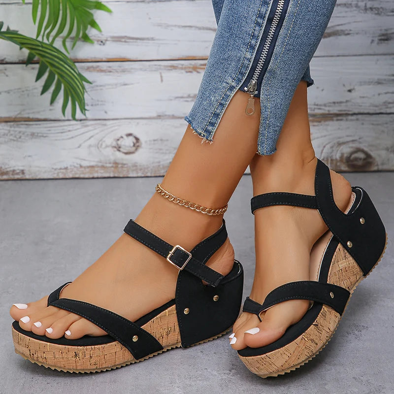 Camel Wedges Chunky Platform Sandals Women 2024 Summer Clip Toe Thick Bottom Gladiator Sandals Woman Ankle Buckle Beach Shoes